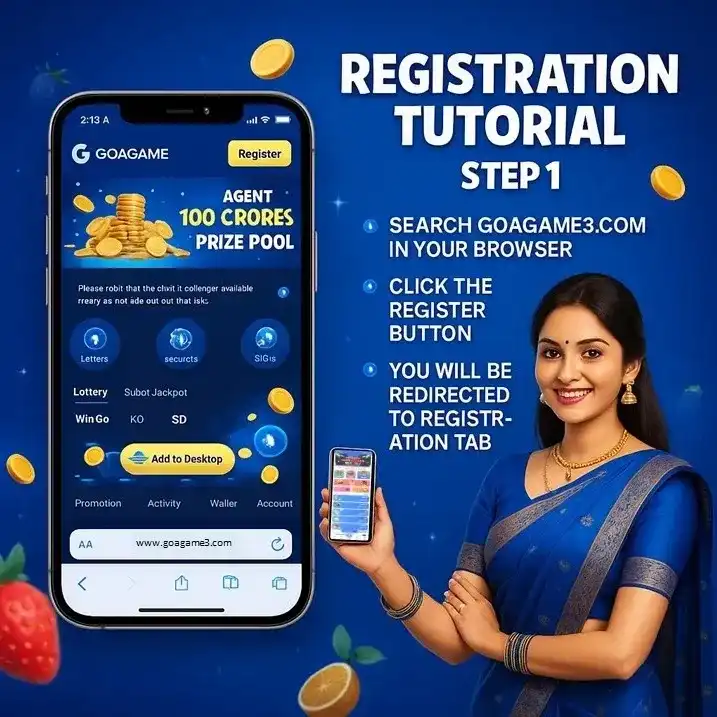 गोवा गेम्स रजिस्ट्रेशन स्टेप 1: www.goagame3.com की वेबसाइट के होमपेज पर रजिस्टर बटन खोजना।